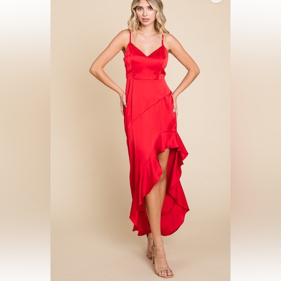 New in Red Hot Satin Ruffled Asymmetrical Hem
Cami Maxi Dress - Picture 5 of 6